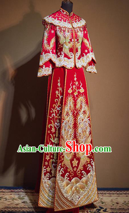 Chinese Traditional Wedding Drilling Xiu He Suit Embroidered Phoenix Red Dress Ancient Bride Costumes for Women
