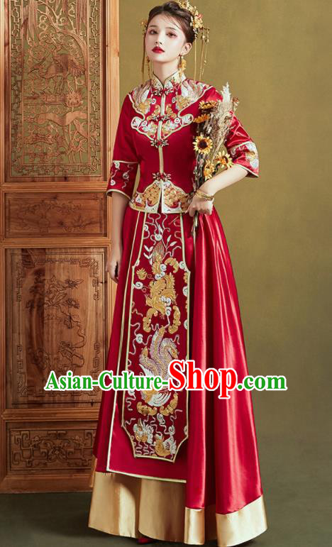 Chinese Traditional Wedding Xiu He Suit Embroidered Phoenix Red Jacket and Dress Ancient Bride Costumes for Women