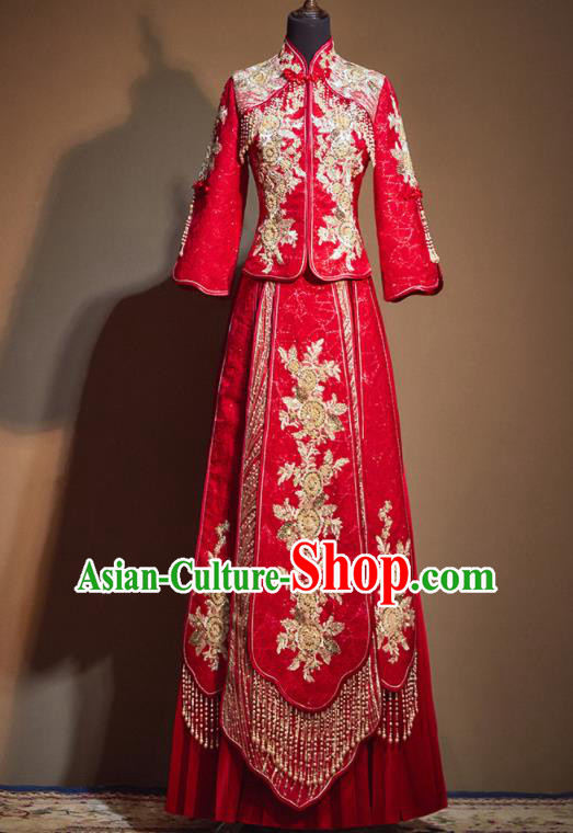 Chinese Traditional Wedding Xiu He Suit Embroidered Flowers Red Jacket and Dress Ancient Bride Costumes for Women