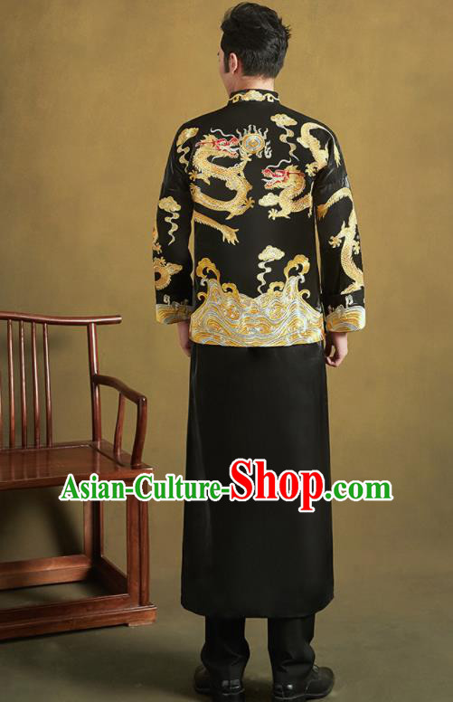 Chinese Ancient Bridegroom Embroidered Black Mandarin Jacket and Long Gown Traditional Wedding Tang Suit Costumes for Men