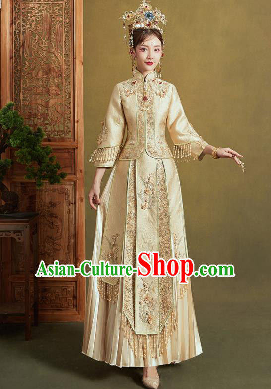 Chinese Traditional Wedding Xiu He Suit Embroidered Light Golden Jacket and Dress Ancient Bride Costumes for Women