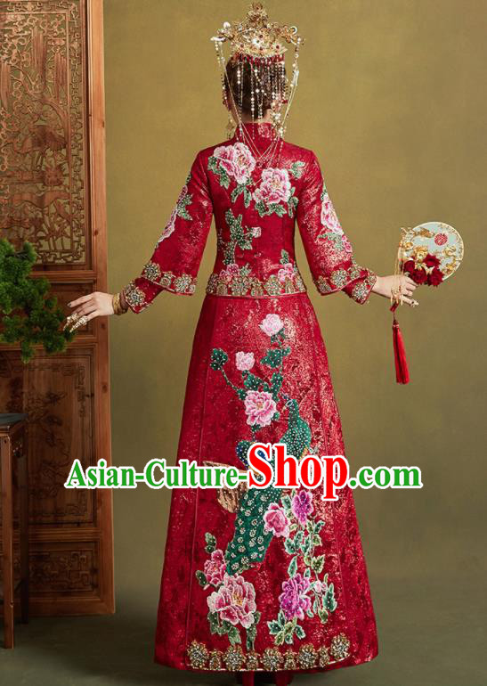 Chinese Traditional Wedding Xiu He Suit Embroidered Peacock Peony Red Blouse and Dress Ancient Bride Costumes for Women