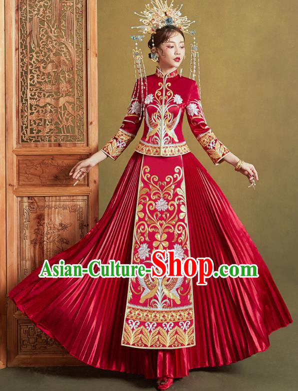 Chinese Traditional Wedding Xiu He Suit Embroidered Swan Peony Red Blouse and Dress Ancient Bride Costumes for Women