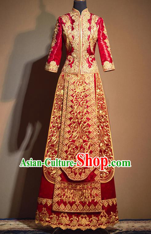 Chinese Traditional Wedding Embroidered Flowers Xiu He Suit Red Blouse and Dress Ancient Bride Costumes for Women