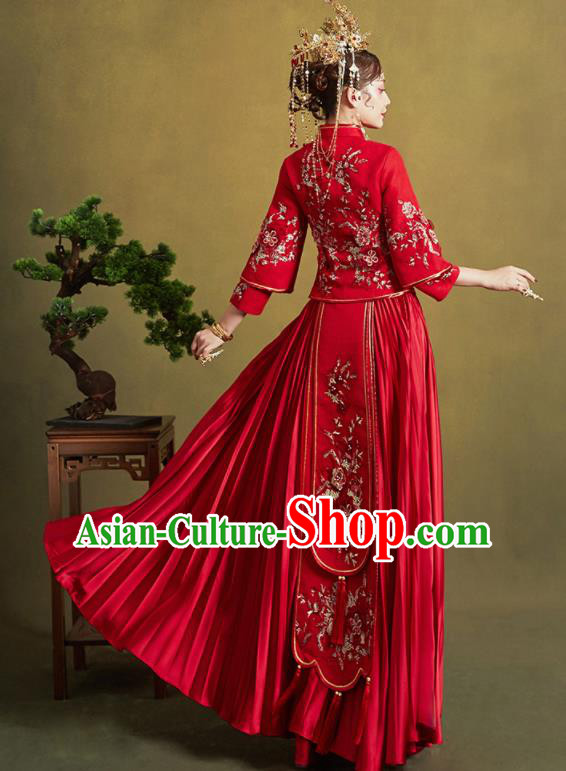 Chinese Traditional Wedding Xiu He Suit Embroidered Peony Red Blouse and Dress Ancient Bride Costumes for Women