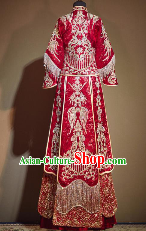 Chinese Traditional Wedding Embroidered Drilling Xiu He Suit Red Blouse and Dress Ancient Bride Costumes for Women