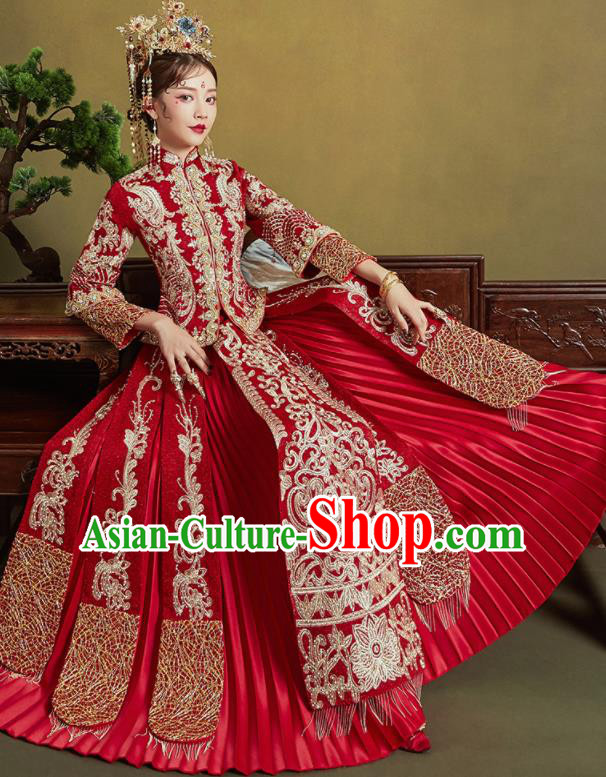 Chinese Traditional Wedding Drilling Xiu He Suit Embroidered Red Blouse and Dress Ancient Bride Costumes for Women