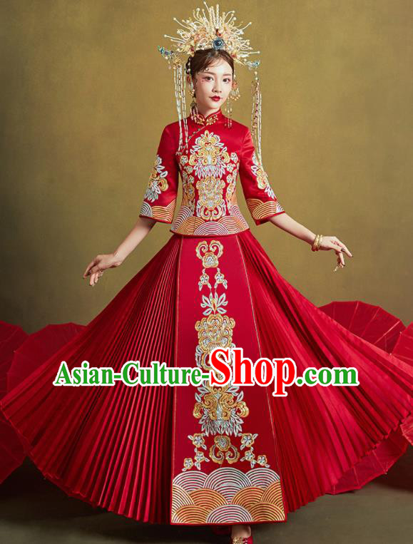 Chinese Traditional Wedding Embroidered Flower Xiu He Suit Red Blouse and Dress Ancient Bride Costumes for Women