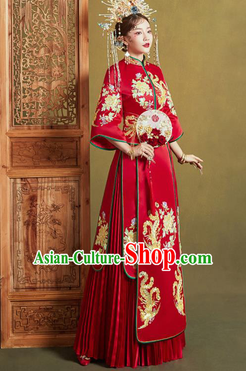 Chinese Traditional Embroidered Phoenix Peony Wedding Xiu He Suit Red Blouse and Dress Ancient Bride Costumes for Women