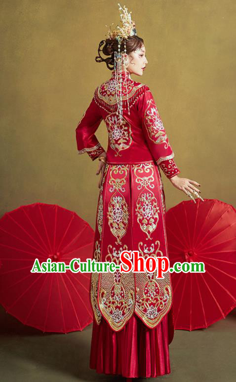 Chinese Traditional Embroidered Peony Wedding Xiu He Suit Red Blouse and Dress Ancient Bride Costumes for Women
