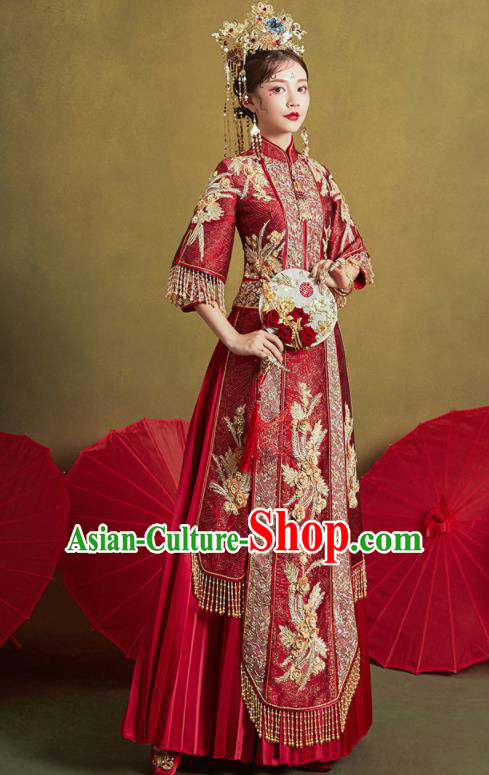 Chinese Traditional Wedding Drilling Xiu He Suit Embroidered Wine Red Blouse and Dress Ancient Bride Costumes for Women