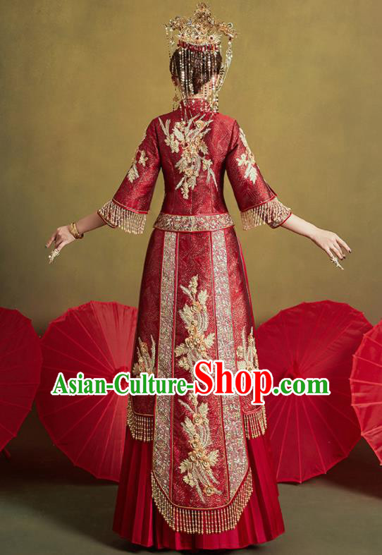 Chinese Traditional Wedding Drilling Xiu He Suit Embroidered Wine Red Blouse and Dress Ancient Bride Costumes for Women