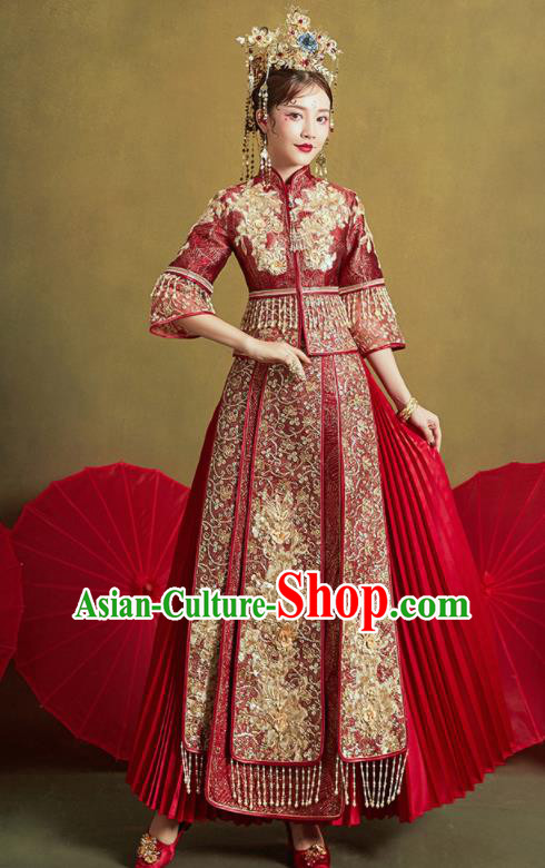 Chinese Traditional Wedding Drilling Xiu He Suit Embroidered Flowers Wine Red Blouse and Dress Ancient Bride Costumes for Women