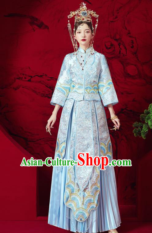 Chinese Traditional Embroidered Wedding Blue Xiu He Suit Blouse and Dress Ancient Bride Costumes for Women