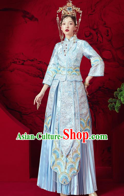 Chinese Traditional Embroidered Wedding Blue Xiu He Suit Blouse and Dress Ancient Bride Costumes for Women