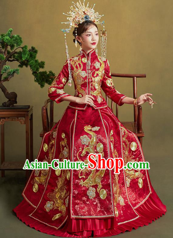 Chinese Traditional Wedding Xiu He Suit Embroidered Dragon Red Blouse and Dress Ancient Bride Costumes for Women