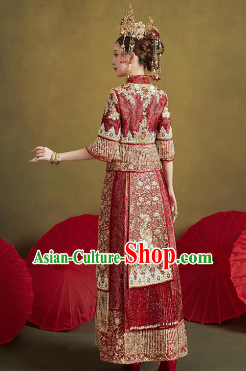 Chinese Traditional Embroidered Wedding Dark Red Xiu He Suit Blouse and Dress Ancient Bride Costumes for Women