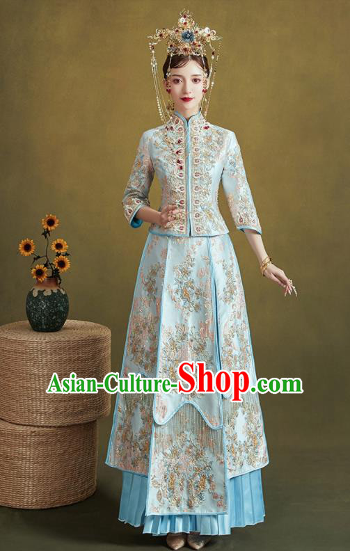 Chinese Traditional Embroidered Wedding Blue Xiu He Suit Blouse and Tassel Dress Ancient Bride Costumes for Women
