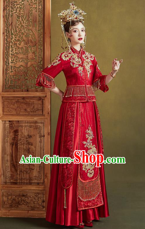 Chinese Traditional Embroidered Wedding Red Xiu He Suit Blouse and Tassel Dress Ancient Bride Costumes for Women