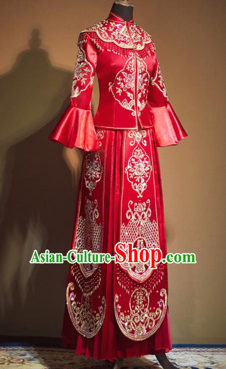 Chinese Traditional Embroidered Peony Wedding Xiu He Suit Red Blouse and Tassel Dress Ancient Bride Costumes for Women