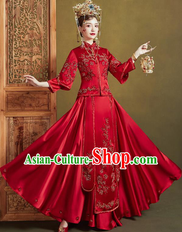 Chinese Traditional Embroidered Plum Wedding Xiu He Suit Blouse and Dress Ancient Bride Costumes for Women