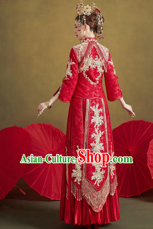 Chinese Traditional Embroidered Golden Flowers Wedding Xiu He Suit Blouse and Dress Ancient Bride Costumes for Women