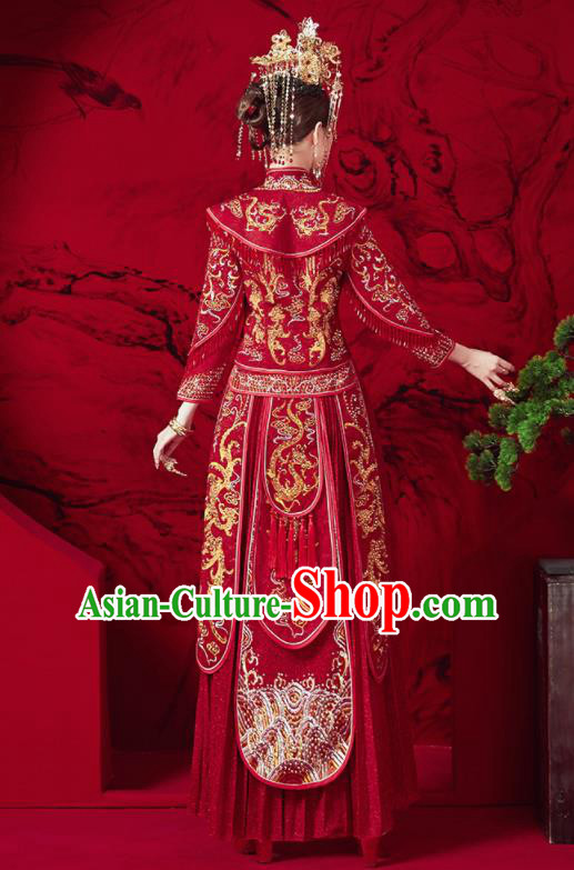 Chinese Traditional Embroidered Dragon Wedding Xiu He Suit Red Blouse and Dress Ancient Bride Costumes for Women