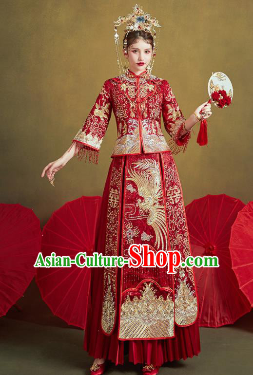 Chinese Traditional Embroidered Golden Phoenix Wedding Xiu He Suit Blouse and Dress Ancient Bride Costumes for Women