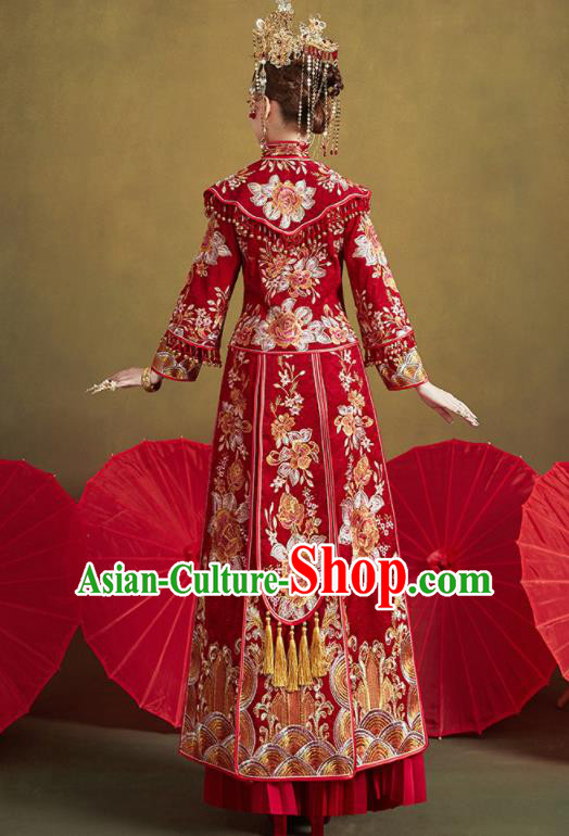 Chinese Traditional Embroidered Red Peony Wedding Xiu He Suit Blouse and Dress Ancient Bride Costumes for Women