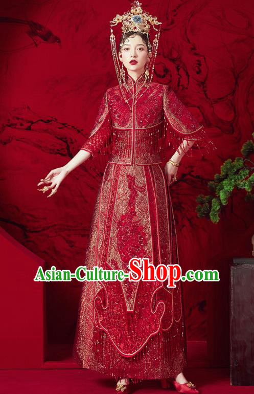 Chinese Traditional Red Tassel Wedding Xiu He Suit Blouse and Dress Ancient Bride Costumes for Women