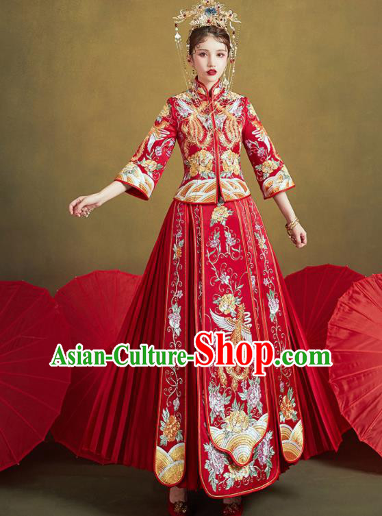 Chinese Traditional Wedding Embroidered Phoenix Peony Red Xiu He Suit Blouse and Dress Ancient Bride Costumes for Women