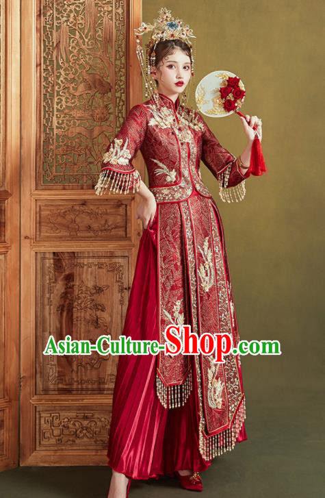 Chinese Traditional Wedding Embroidered Purplish Red Xiu He Suit Blouse and Dress Ancient Bride Costumes for Women