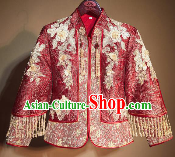 Chinese Traditional Embroidered Beads Wedding Xiu He Suit Red Blouse and Dress Ancient Bride Costumes for Women