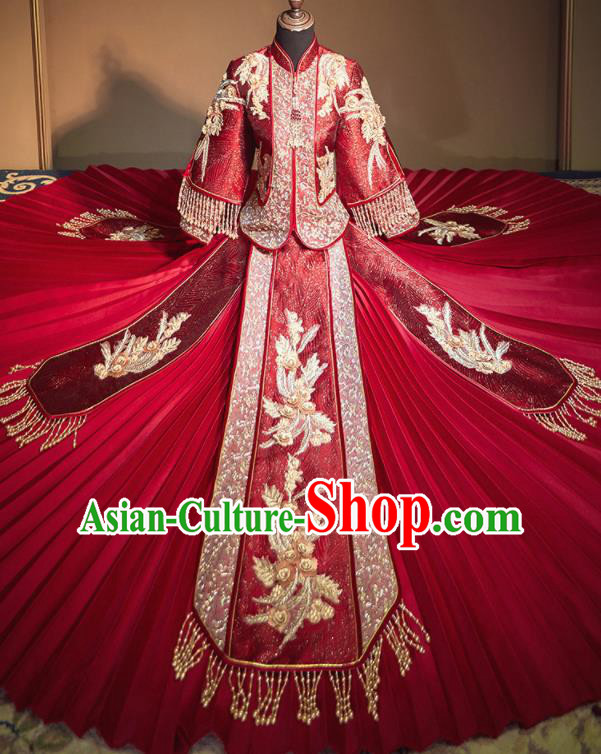 Chinese Traditional Embroidered Phoenix Wedding Xiu He Suit Red Blouse and Dress Ancient Bride Costumes for Women