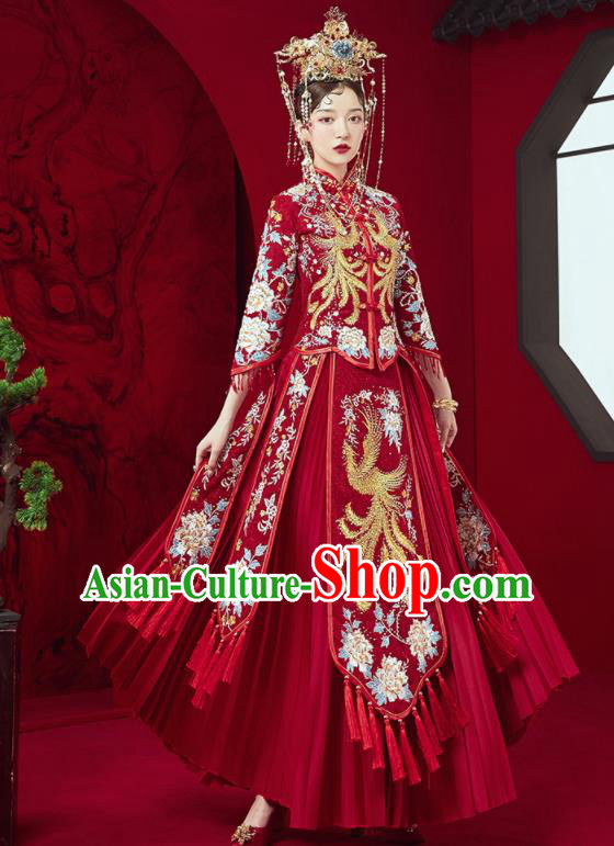 Chinese Traditional Wedding Embroidered Phoenix Peony Xiu He Suit Blouse and Dress Ancient Bride Costumes for Women