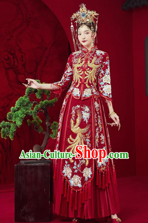 Chinese Traditional Wedding Embroidered Phoenix Peony Xiu He Suit Blouse and Dress Ancient Bride Costumes for Women