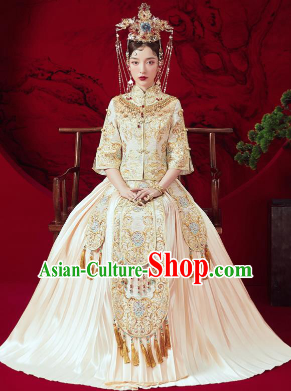 Chinese Traditional Wedding Embroidered Beige Xiu He Suit Blouse and Dress Ancient Bride Costumes for Women