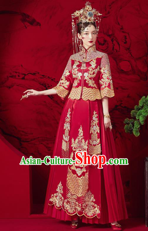 Chinese Traditional Wedding Red Xiu He Suit Embroidered Blouse and Dress Ancient Bride Costumes for Women