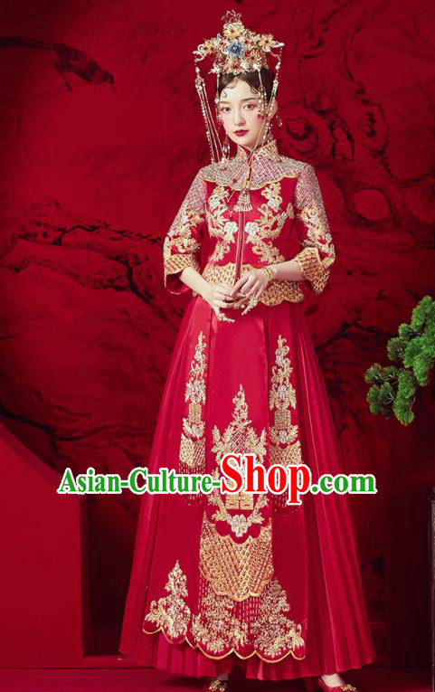 Chinese Traditional Wedding Red Xiu He Suit Embroidered Blouse and Dress Ancient Bride Costumes for Women