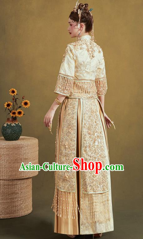 Chinese Traditional Wedding Light Golden Xiu He Suit Embroidered Blouse and Dress Ancient Bride Costumes for Women