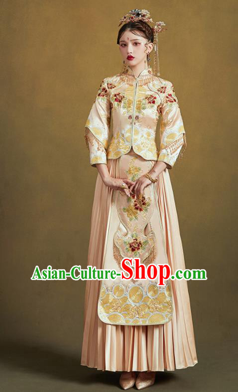Chinese Traditional Wedding Light Golden Xiu He Suit Embroidered Peony Blouse and Dress Ancient Bride Costumes for Women