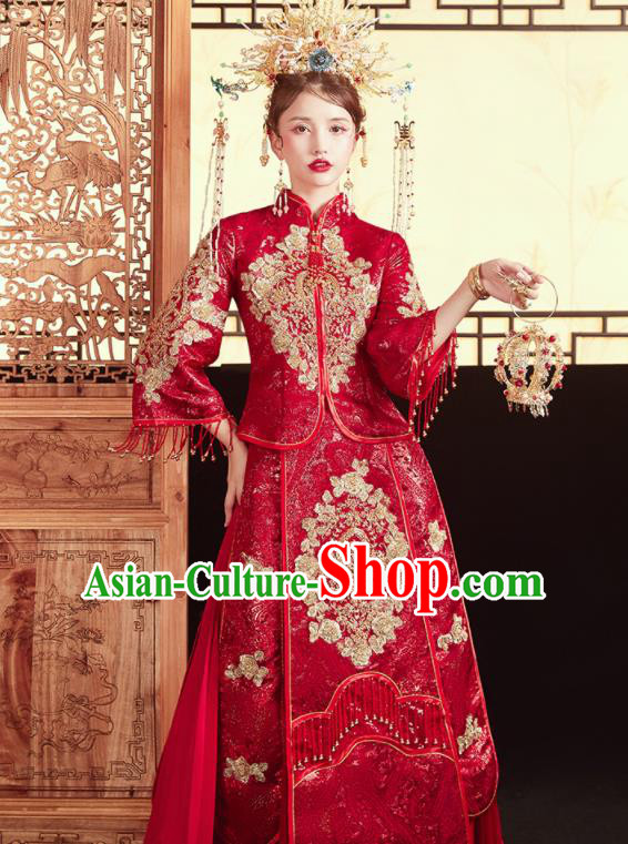 Chinese Traditional Wedding Bottom Drawer Xiu He Suit Embroidered Red Blouse and Dress Ancient Bride Costumes for Women