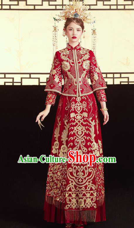 Chinese Traditional Wedding Drilling Bottom Drawer Xiu He Suit Embroidered Red Blouse and Dress Ancient Bride Costumes for Women