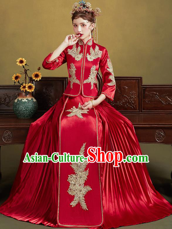 Chinese Traditional Wedding Bottom Drawer Slim Xiu He Suit Embroidered Red Blouse and Dress Ancient Bride Costumes for Women