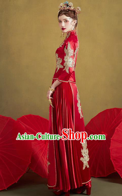 Chinese Traditional Wedding Bottom Drawer Slim Xiu He Suit Embroidered Red Blouse and Dress Ancient Bride Costumes for Women