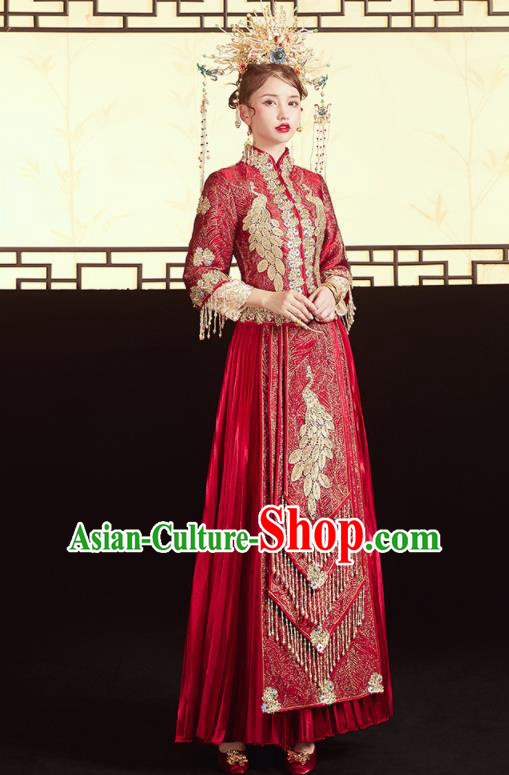 Chinese Traditional Wedding Red Bottom Drawer Xiu He Suit Embroidered Peacock Blouse and Dress Ancient Bride Costumes for Women