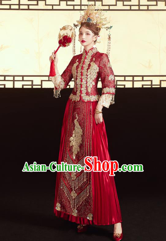 Chinese Traditional Wedding Red Bottom Drawer Xiu He Suit Embroidered Peacock Blouse and Dress Ancient Bride Costumes for Women