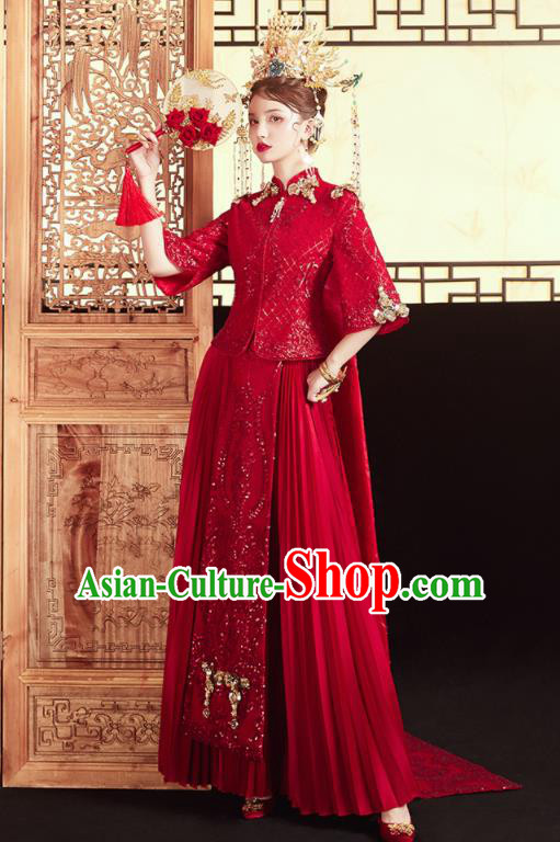 Chinese Traditional Embroidered Blouse and Trailing Dress Wedding Red Bottom Drawer Xiu He Suit Ancient Bride Costumes for Women