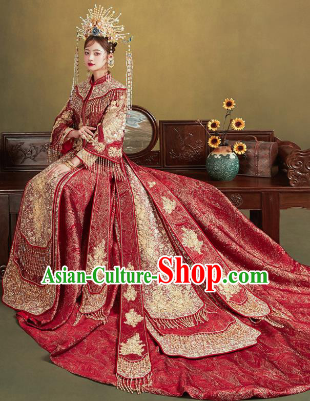 Chinese Traditional Embroidered Red Blouse and Dress Wedding Bottom Drawer Xiu He Suit Ancient Bride Costumes for Women