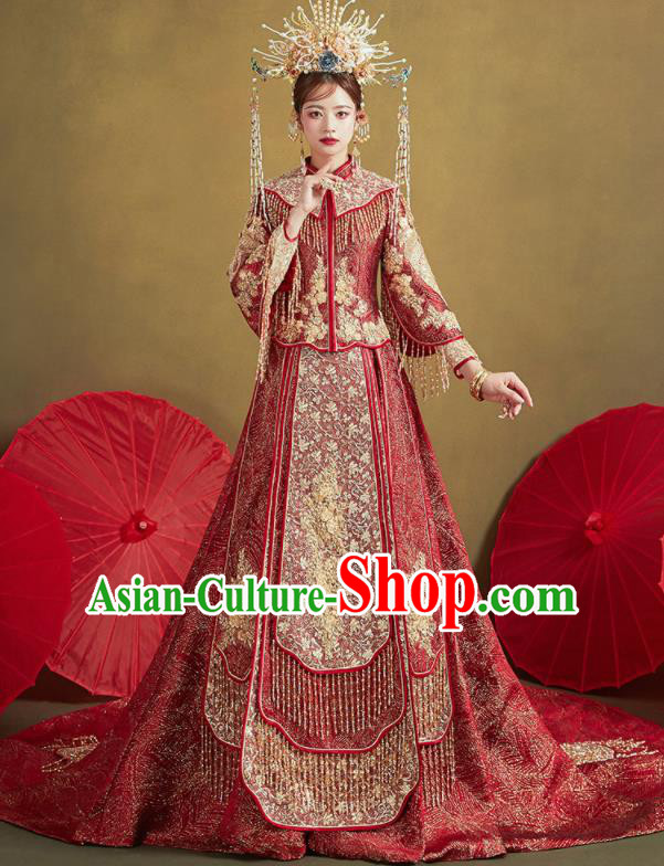 Chinese Traditional Embroidered Red Blouse and Dress Wedding Bottom Drawer Xiu He Suit Ancient Bride Costumes for Women